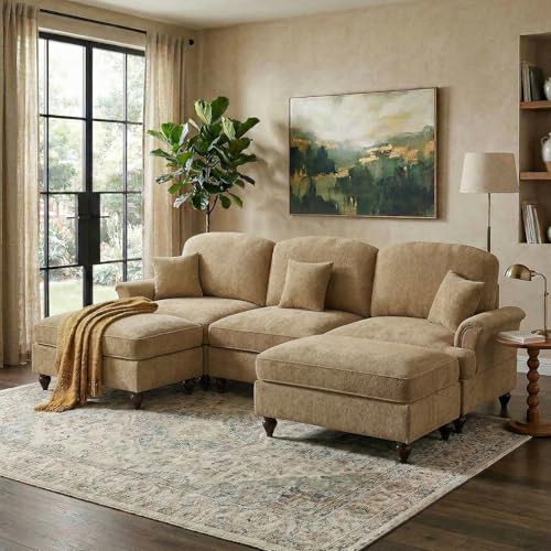 Modular Sectional Sofa Couch, Comfy Chenille Sofa with Removable Ruffled Skirt, Flared Armrests, Sturdy Legs, Convertible Sectional for Living Room, Bedroom, Apartment (Coffee) - color: Coffee, size: 107.1 Inch U