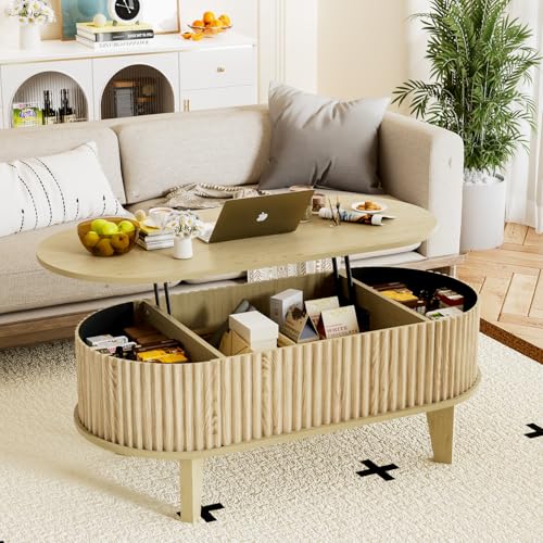 Oval Coffee Table with Lifting Top, 41" Fluted Coffee Table with Storage for Living Room or Home Office, Oak - color: Oak