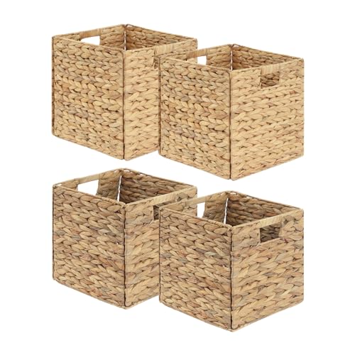 Wicker Storage Baskets, Foldable Cube Bins, 11.2 Inch, 4-Pack | 4-pack foldable 11.2" water hyacinth wicker cube baskets; collapsible storage bins for shelves, closets, offices and home. - size: 4PC, style: Foldable