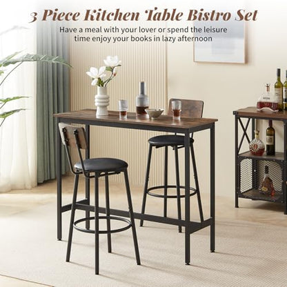 43.31" Bar Table Set for 2, Counter Height Dining Table with PU Upholstered Bar Stools and Backrests, Space-Saving Small Kitchen Table for Breakfast Nook, High Top Table and Chairs Set - color: Rustic Brown, style: Rectangular w/ Upholstered Stool