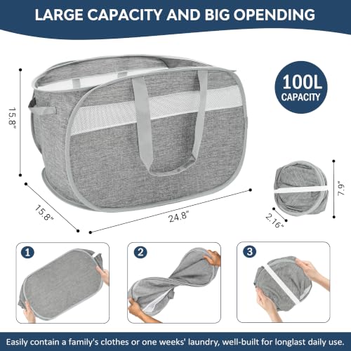 100L Collapsible Laundry Baskets, Foldable Dual Handles Laundry Hamper Grey | Lightweight, Easy to Carry, Up and Downstairs, Tear-Proof, Space-saving, for Laundry Room, Bedroom, Bathroom, Travel, Dorm - color: 100L Gray