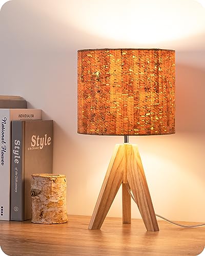 EDISHINE Small Table Lamp, Wood Tripod Nightstand Lamp, Bark Linen Shade | 14.2 Inch, Farmhouse Bedside Lamp for Nursery, Bedroom, Kids Room, Office, Reading Desk, E26 Socket, ON/Off Switch - color: Natural Wood&Bark-textured Shade