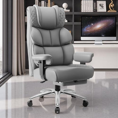 BestGlory Office Desk Chair, Big and Tall Leather Gaming Chair with Footrest, Wide Ergonomic Comfy Executive High-Back Reclining Computer Chairs, Swivel Rolling Wheels and Padded Lumbar Support, Gray - color: Grey, style: 3 Position Reclining