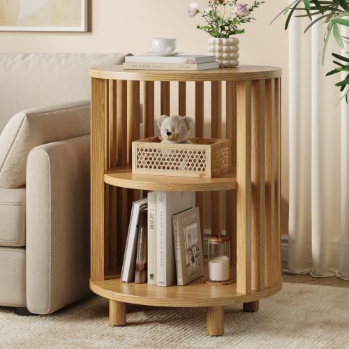 23" Round End Table, Wood Bedside Table, Mid Century Modern Nightstand with Open Storage Shelf, 3 Tier Small Side Tables for Living Room, Bedroom, Curved Profile Design, Natural Oak - color: Oak, size: 23" H