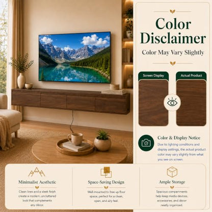 Brown Floating TV Stand Wall Mounted, 72.8" Media Console | Fits Up to 80* TV, Brown finish, midcentury modern tv stand. - color: Brown-c