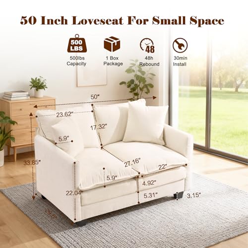 50'' Loveseat Sofa Cloud Sofa Couch, Modern Loveseats 2 Seat Couch 27" Deep Seat with 2 Pillows for Small Spaces Apartment Studio Office Bedroom Living Room, Beige - color: Beige, size: 50"