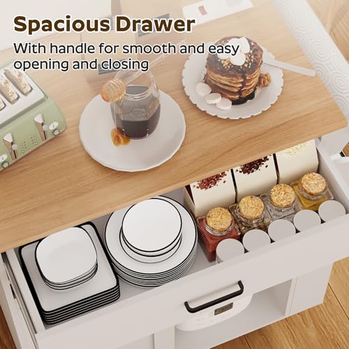 Kitchen Island with Storage, Mobile Kitchen Cart with Charging Station, Kitchen Island on Wheels, Rolling Island Table with Sliding Cabinet Door, White and Natural ZD01UWN - color: White + Natural
