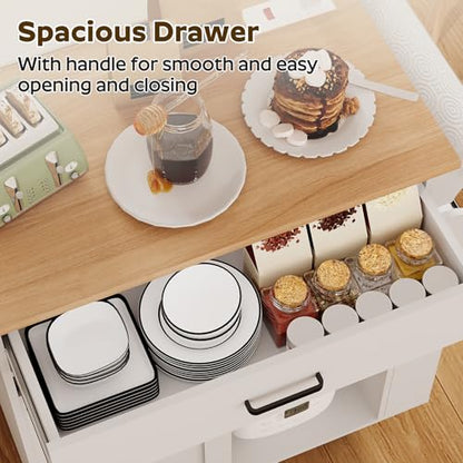 Kitchen Island with Storage, Mobile Kitchen Cart with Charging Station, Kitchen Island on Wheels, Rolling Island Table with Sliding Cabinet Door, White and Natural ZD01UWN - color: White + Natural