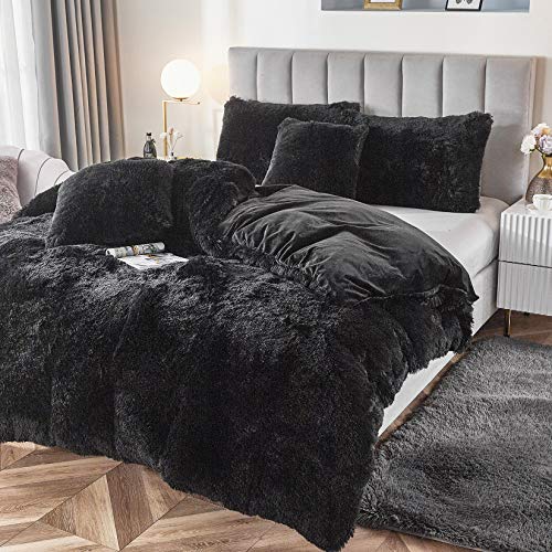 Faux Fur Velvet Fluffy Bedding Duvet Cover Set Down Comforter Quilt Cover with Pillow Sham, Ultra Soft Warm (Black, Twin) - color: Black, size: Twin