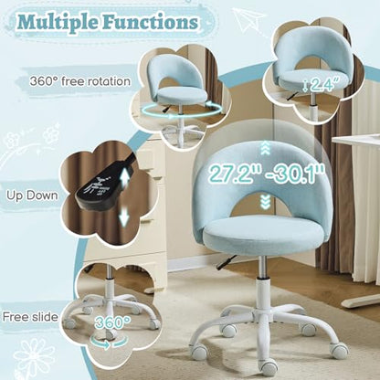 VINGLI Small Vanity Chair with Wheels for Girls.Cute Modern Adjustable Height Armless Office Desk Chair.360°Swivel Comfy Rolling Chair for Study, Make up Room,Small Space,Linen Light Blue - color: Linen Light Blue