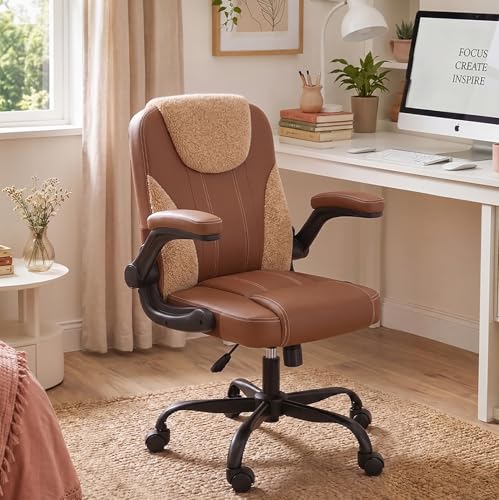 Comfortable Home Office Chair for Long Hours Sitting, Ergonomic Desk Chair with Teddy Fleece & PU Leather, Adjustable Swivel Computer Chair for Work from Home, Bedroom and Vanity Space, Brown - color: Two-tone Brown