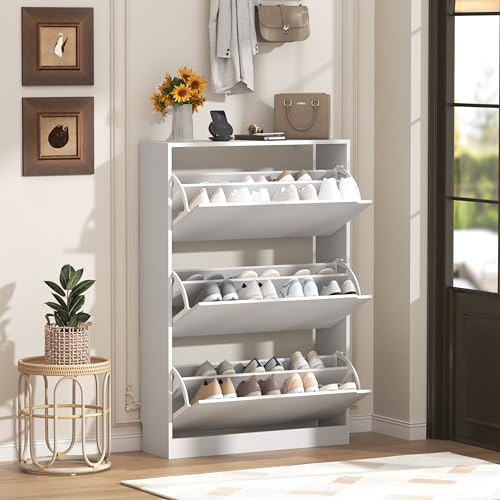 Narrow Shoe Cabinet for Entryway, Slim Shoe Storage Cabinet with 3 Flip Drawers, Hidden Wood Shoe Cabinet Storage, Freestanding Shoe Rack Organizer Foyer, Hallway, White - color: White, style: Hidden 3 Drawers