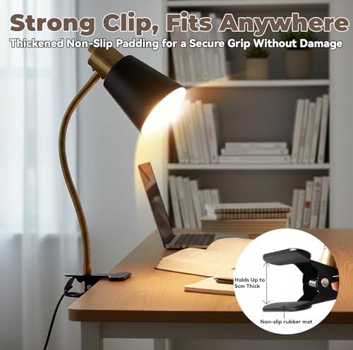 Desk lamp Eye-Caring Table Lamps, 360°Rotation Gooseneck Clip on Lamp Reading Light, Portable Reading Book Light, Clamp Light, Study Desk Lamps for Bedroom and Office Home Lighting (Black and Gold) - color: Black and Gold