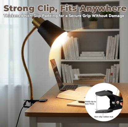Desk lamp Eye-Caring Table Lamps, 360°Rotation Gooseneck Clip on Lamp Reading Light, Portable Reading Book Light, Clamp Light, Study Desk Lamps for Bedroom and Office Home Lighting (Black and Gold) - color: Black and Gold