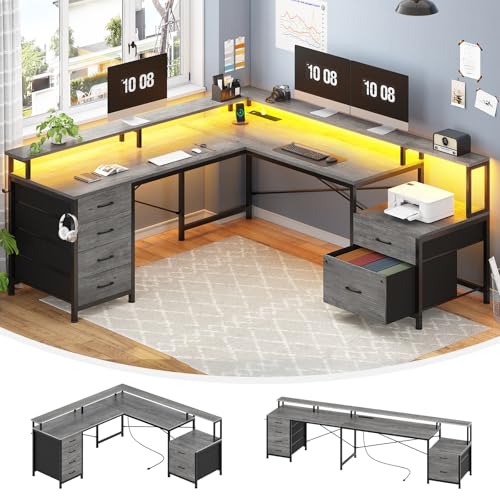 SEDETA L Shaped Computer Desk with 6 Drawer, File Drawer & Power Outlet | 108" Corner Computer Desk with Monitor Shelf, File Cabinet for Home Office/Two Person, Gaming Desk with Led Lights, Grey - color: Grey