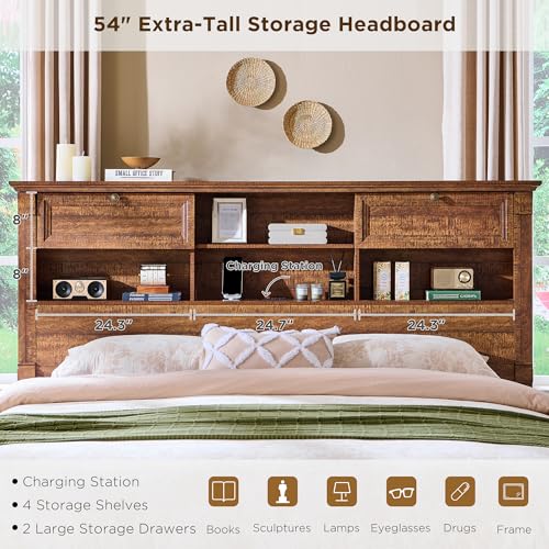 Farmhouse King Size Bed Frame, 2 Drawers & 4 Bookcases On The 54" Headboard | 2 Large Footboard Drawers, Wood Platform Bed Frame with 18" Tall Roman Column, No Box Spring Needed(Reclaimed Barnwood) - color: Reclaimed Barnwood, size: King(U.S.Standard)