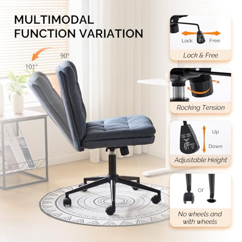 VINGLI Mid Back Armless Office Desk Chair with Wheels/no Wheels,360°Rocking Swivel Vanity Chair with Thickened Cushion,Adjustable Height Rolling for Reading Room, Make up, Linen Navy Blue - color: Navy Blue
