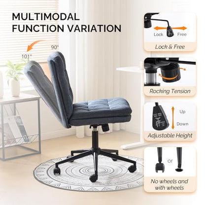 VINGLI Mid Back Armless Office Desk Chair with Wheels/no Wheels,360°Rocking Swivel Vanity Chair with Thickened Cushion,Adjustable Height Rolling for Reading Room, Make up, Linen Navy Blue - color: Navy Blue