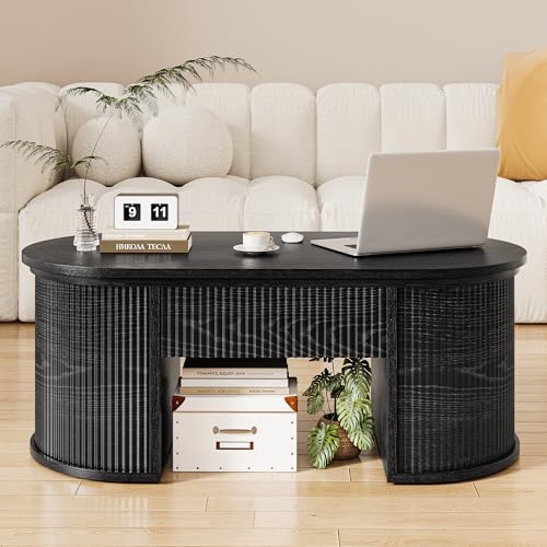 47.2" Oval Fluted Lift Top Coffee Table with Hidden Compartment, Black | Lifting Tabletop,Timeless Fluted Wood Aesthetic,Spacious Hidden Storage,Supporting up to 150 lbs - color: Black
