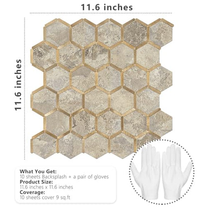 STICKGOO Hexagon Peel and Stick Backsplash Tile, Stick on Backsplash for Kitchen and Bathroom, Stone Beige PVC Mixed Metal Gold Self Adhesive Wall Tiles(10 Sheets, Seamless) - color: Stone Beige with Metal Gold