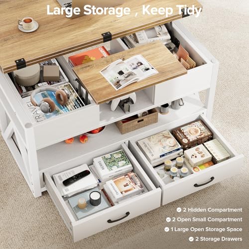 40" Lift Top Coffee Table with Storage,White | 4 in 1 Multi-Function Lifting top Coffee Tables with Storage Drawers and Hidden Compartmen,for Living Room - color: White+brown