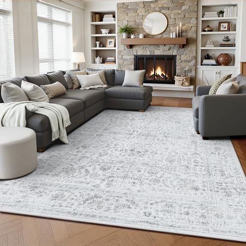 5x7 Area Rugs, Washable Vintage Retro Floral Rug for Living Room, Low Pile Non Slip Distressed Large Carpet for Bedroom, Dining Room, Office, Home (Grey) - color: A-grey, size: 5' x 7' (Rectangular)