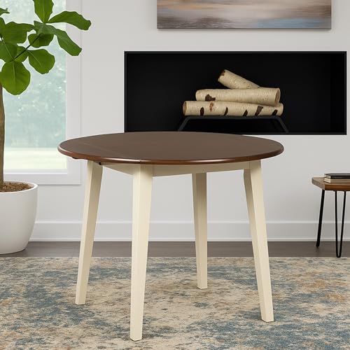 Signature Design by Ashley Round Drop Leaf Dining Table, Cream/Brown | 40 inch round, Small kitchen dining, Vintage two-tone finish, Extension leaves for space saving design, Woodanville - color: Two-tone White