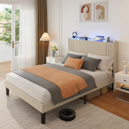 Gizoon Queen Bed Frame with Charging Station and LED Lights | Upholstered Wingback Platform Bed with Padded Headboard,Wooden Slats,Noise-Free,No Box Spring Needed, Easy Assembly,Beige - color: Beige+led, size: Queen