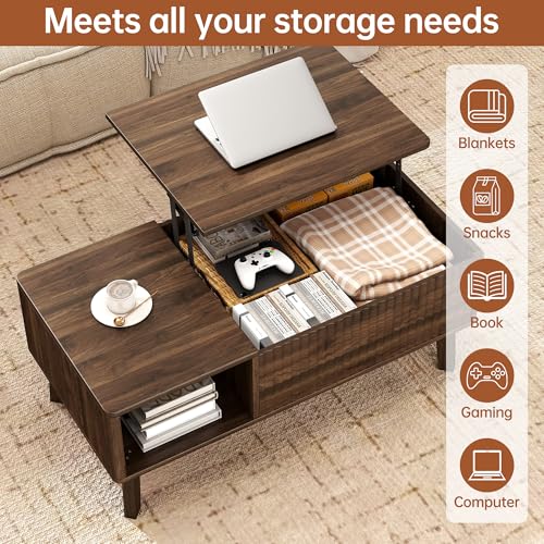 Fluted Lift Top Coffee Table with Storage Shelf and Hidden Compartment, Mid Century Modern Wooden Center Table for Living Room, Home Office, Walnut - color: Walnut Rectangle
