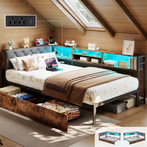 Twin Size Corner Bed Frame with Storage Bookcase and Headboard, Metal Platform Twin Bed with LED Lights and Charging Station, Modern Daybed with 2 Storage Drawers for Kids Teens, Vintage Brown - color: Vintage Brown, size: Twin