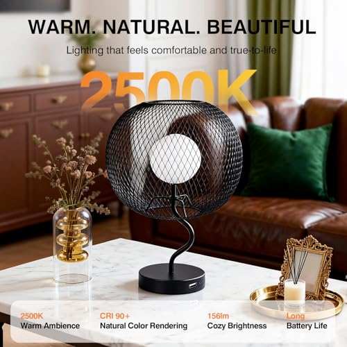 Cordless Industrial Table Lamp, Touch Dimmable Bedside Lamp with Black Metal Mesh Shade, USB-C Rechargeable Warm Ambient Light for Bedroom, Living Room, Dining Table, Side Table