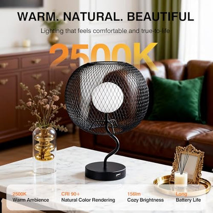 Cordless Industrial Table Lamp, Touch Dimmable Bedside Lamp with Black Metal Mesh Shade, USB-C Rechargeable Warm Ambient Light for Bedroom, Living Room, Dining Table, Side Table