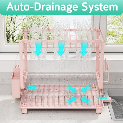 Multifunctional Dish Drying Rack - Rustproof, 2-Tier Dish Racks with Drainboard, Space-Saving Design, Utensil & Cup Holder for Kitchen Counter, Pink - color: Pink
