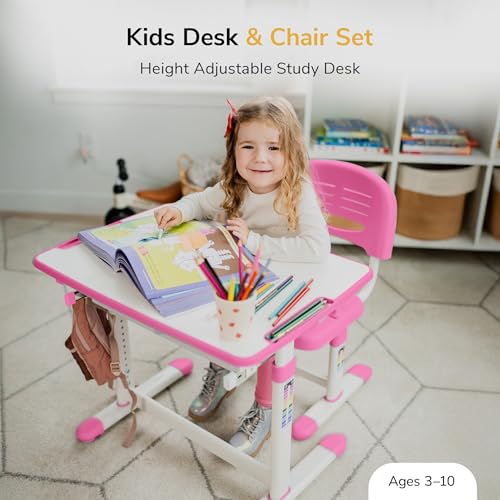 Mount-It! Kids Desk and Chair Set, Height Adjustable Sturdy, Girl Desk, Child Study Desk and Chair Set for Boys, Table for Art, Home School, Drafting, Ergonomic with Storage Drawer, Pink - color: Pink
