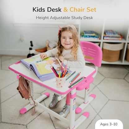 Mount-It! Kids Desk and Chair Set, Height Adjustable Sturdy, Girl Desk, Child Study Desk and Chair Set for Boys, Table for Art, Home School, Drafting, Ergonomic with Storage Drawer, Pink - color: Pink