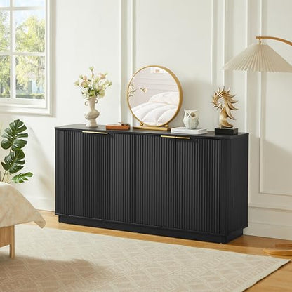 Modern 63 inch TV Stand, Black Media Console with Storage Cabinets and Vertical Stripe Design for Living Room, Curved Entertainment Center with Gold Handles for Bedroom and Hallway, Black-B - color: Black-b