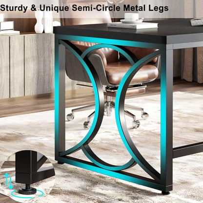 HSH Black Computer Desk,55 Inch Metal Wooden Home Office Writing Desk | Industrial Executive Desk for Work , Modern Student Gaming Computer PC Table,Work from Home,Sturdy Metal Frame,Easy Assembly - color: Black Oak