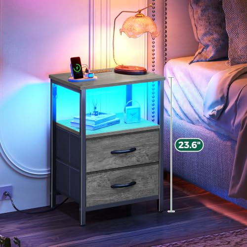 Huuger Night Stand with Charger Station and LED Lights, 2 Drawer Nightstand | Bed Side Table with Open ShelfEnd TableFabric Drawers for Bedroom, Grey - color: Grey, size: 11.8"D x 15.7"W x 23.6"H（2 Drawers）