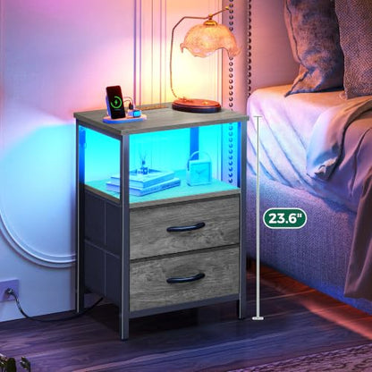 Huuger Night Stand with Charger Station and LED Lights, 2 Drawer Nightstand | Bed Side Table with Open ShelfEnd TableFabric Drawers for Bedroom, Grey - color: Grey, size: 11.8"D x 15.7"W x 23.6"H（2 Drawers）