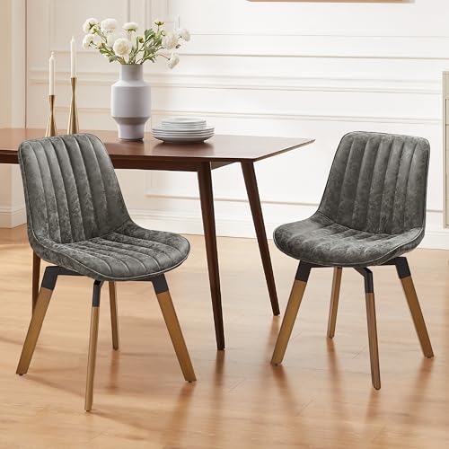 Mid Century Upholstered Swivel PU Dining Chairs Set of 2 Gray | 360° swivel curved foam-padded seat armless design dining room chairs accent chairs solid wood legs floor protection pads - color: Grey, size: Set of 2-PU