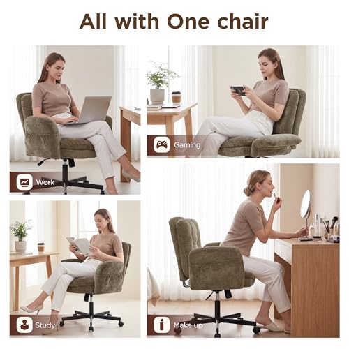 FiveWillowise Cross Legged Office Chair with Flip-up Arms&Low Back,Brown | Criss Cross Chair With Thicken Wide Seat,Lounge Makeup Vanity Chairs with Side Pockets,Comfy Home Office Desk Chair,Chenille - color: Brown