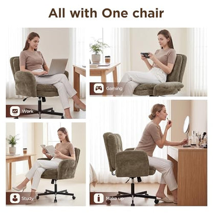 FiveWillowise Cross Legged Office Chair with Flip-up Arms&Low Back,Brown | Criss Cross Chair With Thicken Wide Seat,Lounge Makeup Vanity Chairs with Side Pockets,Comfy Home Office Desk Chair,Chenille - color: Brown