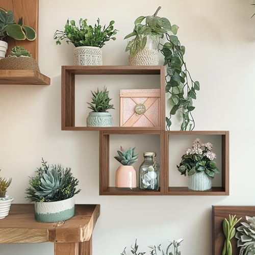 Wall Mount Shelf Set of 3, Floating Cube Shelves for Space Discovery Home and Commercial Use, Large Size Shelves Set, Dark Walnut - color: Dark Walnut, size: Set3