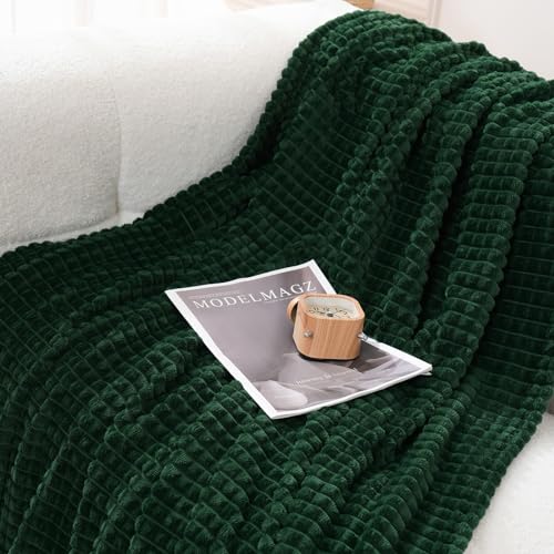 Puncuntex Fleece Throw Blanket Dark Green 90"×90" with Square Grid Design | Super Soft Plush Cozy Flannel Throw Blanket Luxury for Couch Sofa Chair - color: Dark Green, size: 90"×90"