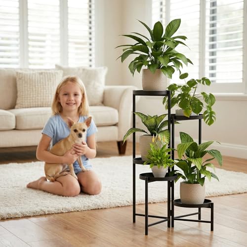 5 Tier Tall Metal Plant Stand, Duty Tiered Flower Shelf for Patio Garden | Rotatable 5-tier design, Foldable storage, leakproof trays, Waterproof rustproof, 10-minute easy assembly - size: 5 Tier