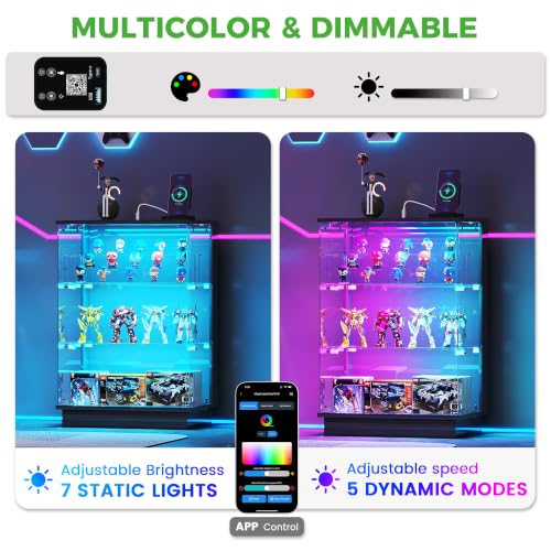 HNEBC LED Nightstand with USB-C Charging Station&Lights for Bedroom-Black | Curio china Cabinet, Motion Sensor Smart Glass RGB Side Table with App Control, Charging Station Tempered Glass Collectiblem - color: 91174-black