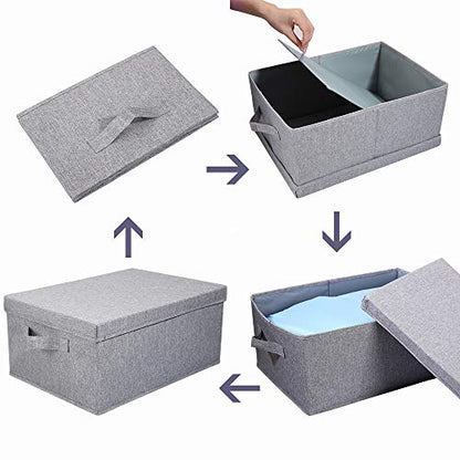 HOONEX Linen Foldable Storage Bins with Lids, 2 Pack, Storage Boxes with Carrying Handles and Sturdy Heavy Cardboard, 16.5" L x 11.8" W x 7.5" H for Shoes, Books, Clothes, Light Grey - color: Light Grey