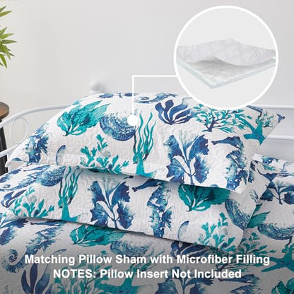 Jarson 3 Piece Beach Daybed Cover Set Twin Green Blue White Coastal Quilted Daybed Bedding Sets Double Side Cozy Ocean Sofa Daybed Cover with 2 Shams - color: Seahorse Seaweed