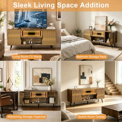 Lightdot 55" Fluted Small Amber TV Stand with Outlet & Fireplace Light | Media Console with Storage, Mid Century Cabinet Fits 55-65" TV, for Living Room/Bedroom/Sofa Cabinet,Easy Assembly - color: Amber-mirror/55"