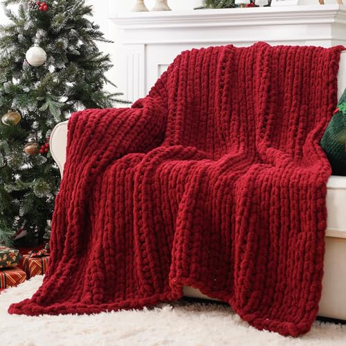 Chunky Knit Throw Blanket for Couch, Christams Red Throw Blanket 50"x60" - color: Red